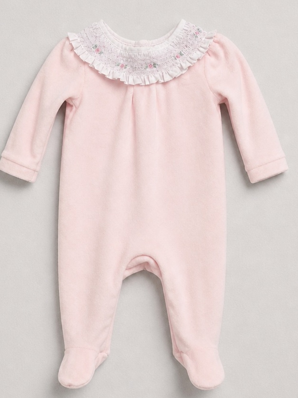 Rock a bye baby Girls Pink Footed One-Piece velour with Smocked Ruffle Collar
